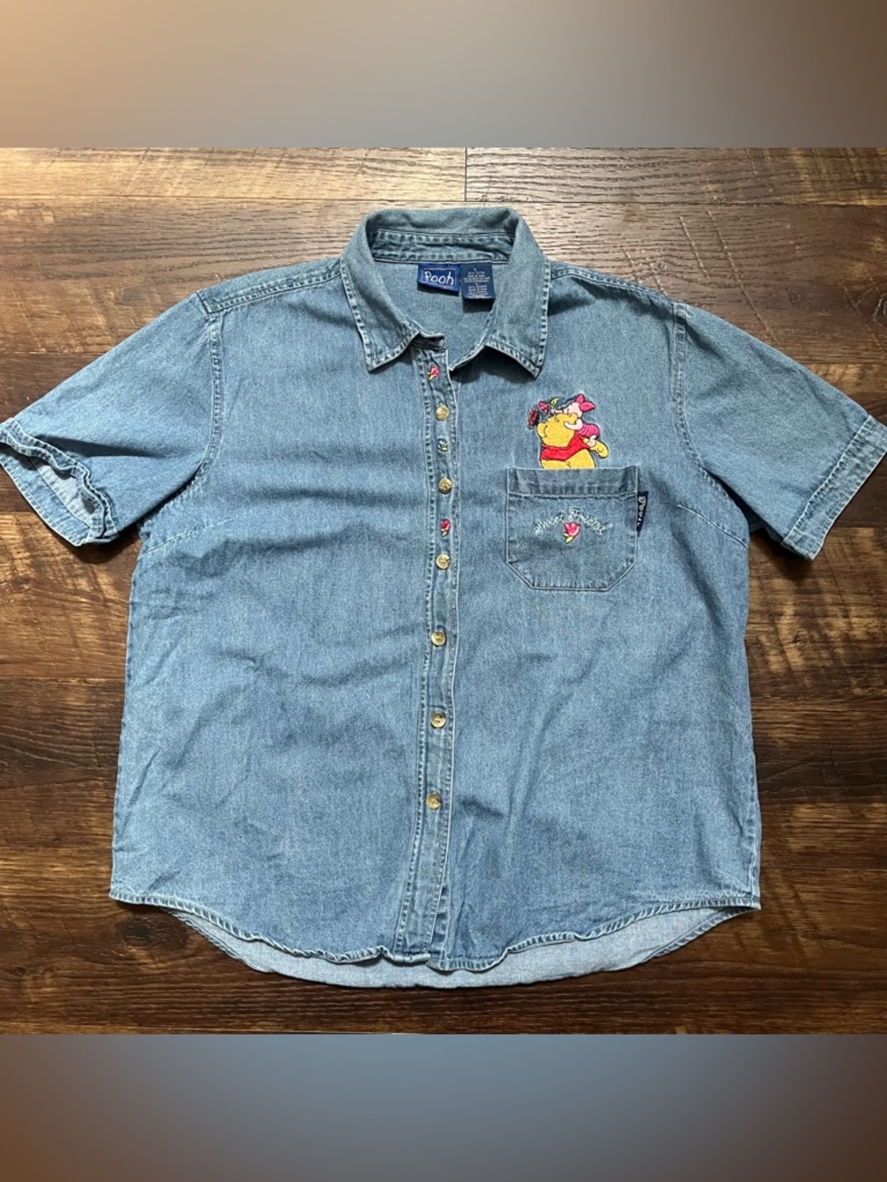 Vintage Disney Winnie the Pooh piglet floral embroidered denim shirt large *read